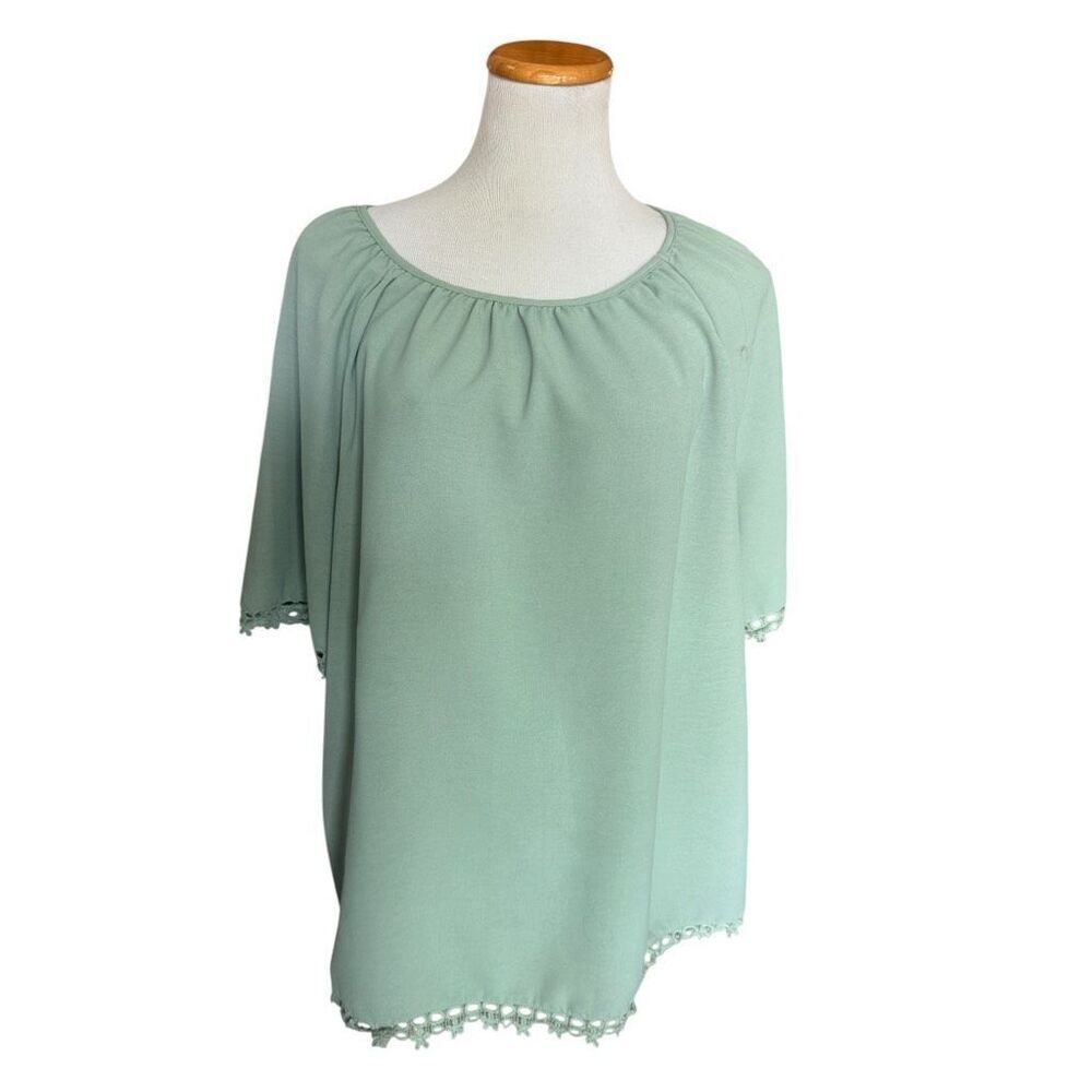 Womens Shein Curve Plus Scoop Neck Sage Flower Lace Top Blouse - Sz 1X